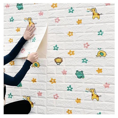 10 Placi Tapet autoadeziv 3D din polietilena, 70x77cm, grosime 3mm, Model caramida, Animalute si floricele 5.3mp - Diversico