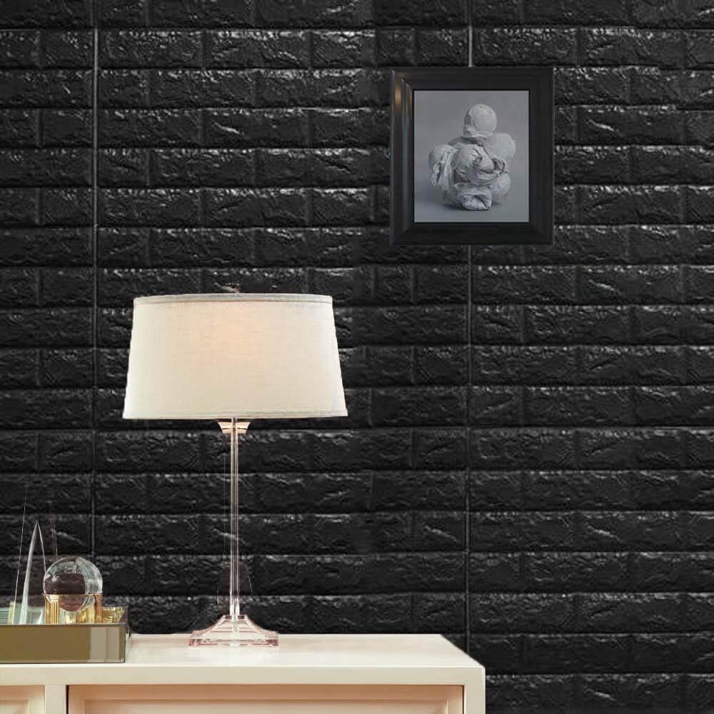10 Placi Tapet autoadeziv 3D din polietilena, 70x77cm, grosime 3mm, Model caramida, Negru, 5.3mp - Diversico
