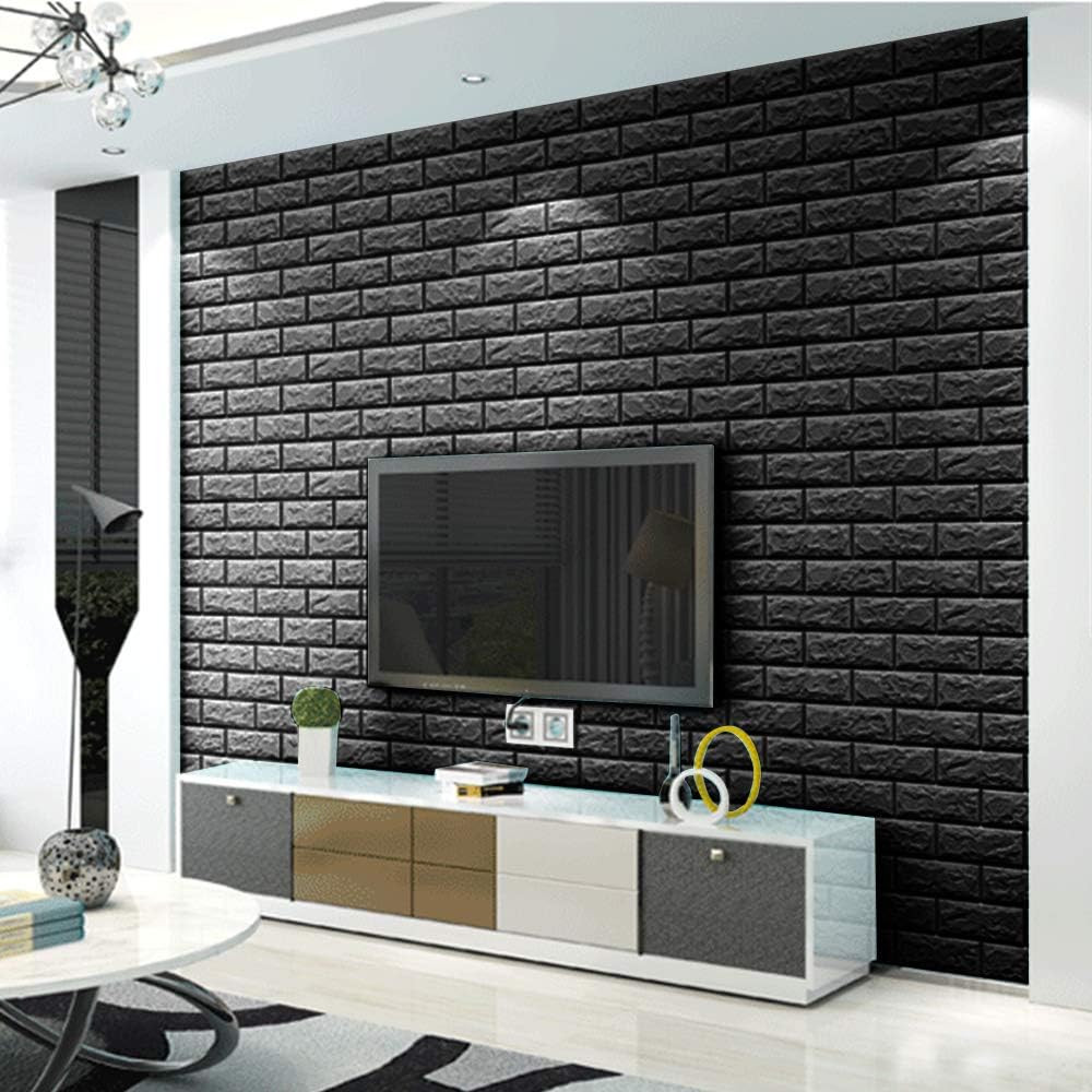10 Placi Tapet autoadeziv 3D din polietilena, 70x77cm, grosime 3mm, Model caramida, Negru, 5.3mp - Diversico