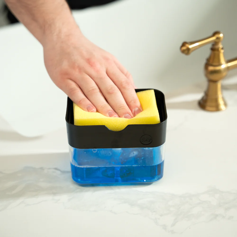 Dozator, dispenser 2 in 1 pentru detergent lichid de vase, capacitate 380ml, burete de vase inclus, 14x10.5x10cm, Negru