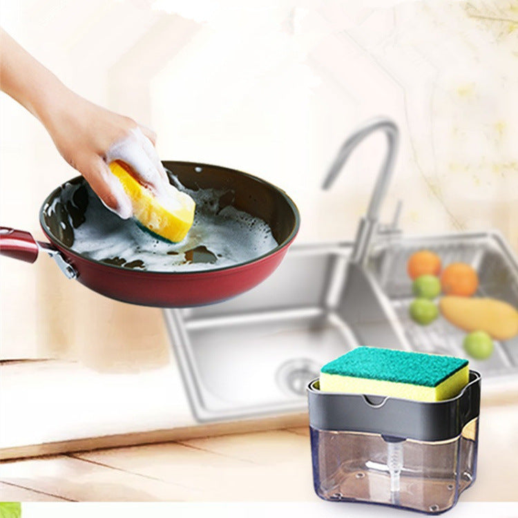 Dozator, dispenser 2 in 1 pentru detergent lichid de vase, capacitate 380ml, burete de vase inclus, 14x10.5x10cm, Gri