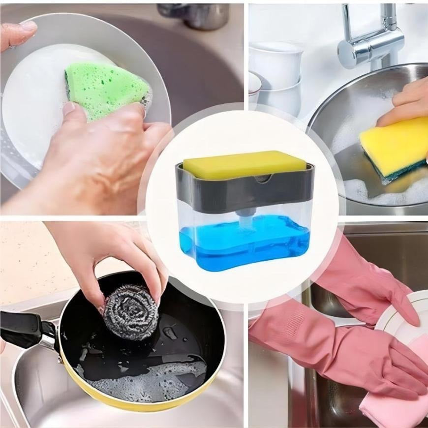 Dozator, dispenser 2 in 1 pentru detergent lichid de vase, capacitate 380ml, burete de vase inclus, 14x10.5x10cm, Gri