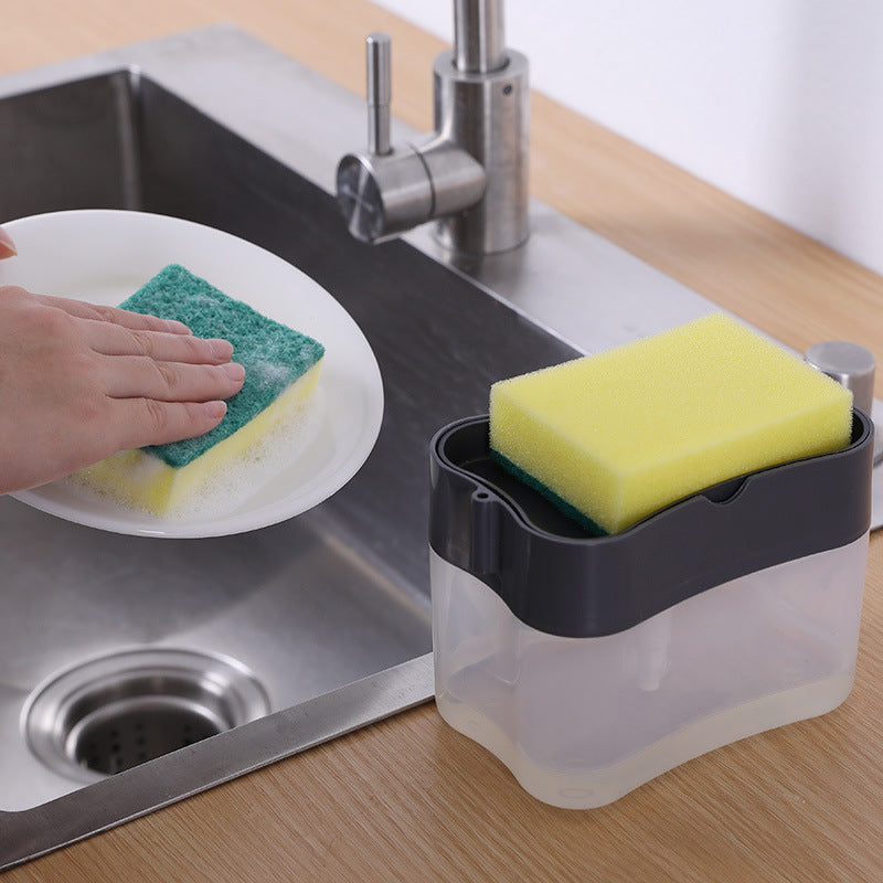 Dozator, dispenser 2 in 1 pentru detergent lichid de vase, capacitate 380ml, burete de vase inclus, 14x10.5x10cm, Negru