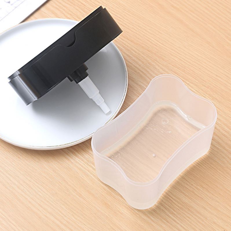 Dozator, dispenser 2 in 1 pentru detergent lichid de vase, capacitate 380ml, burete de vase inclus, 14x10.5x10cm, Negru
