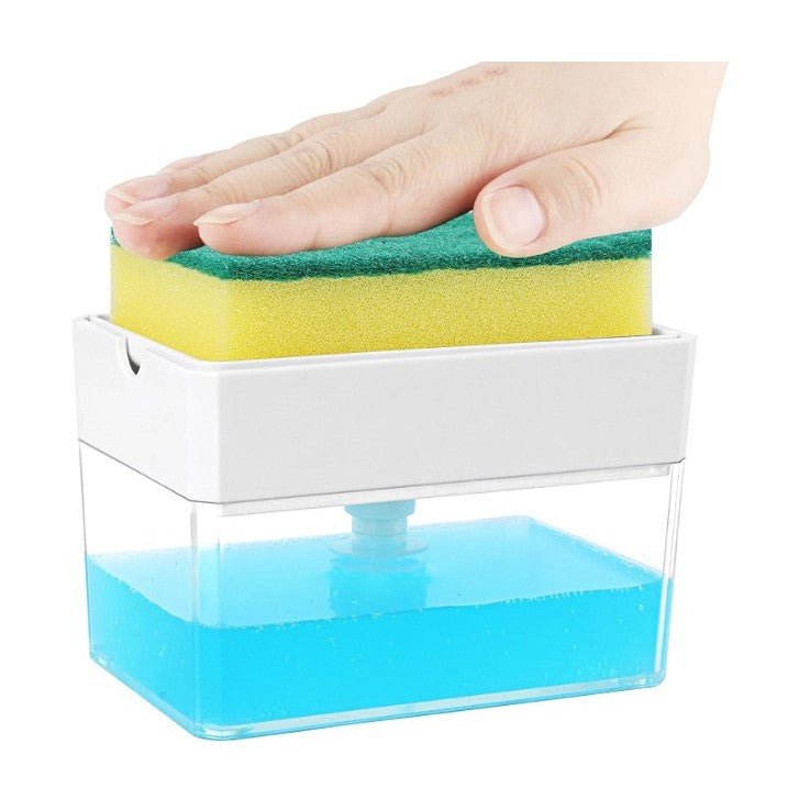 Dozator, dispenser 2 in 1 pentru detergent lichid de vase, capacitate 380ml, burete de vase inclus, 14x10.5x10cm, Alb - Diversico