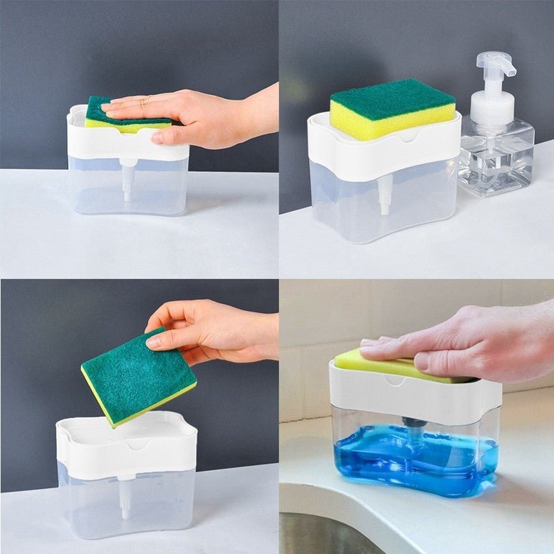 Dozator, dispenser 2 in 1 pentru detergent lichid de vase, capacitate 380ml, burete de vase inclus, 14x10.5x10cm, Alb - Diversico