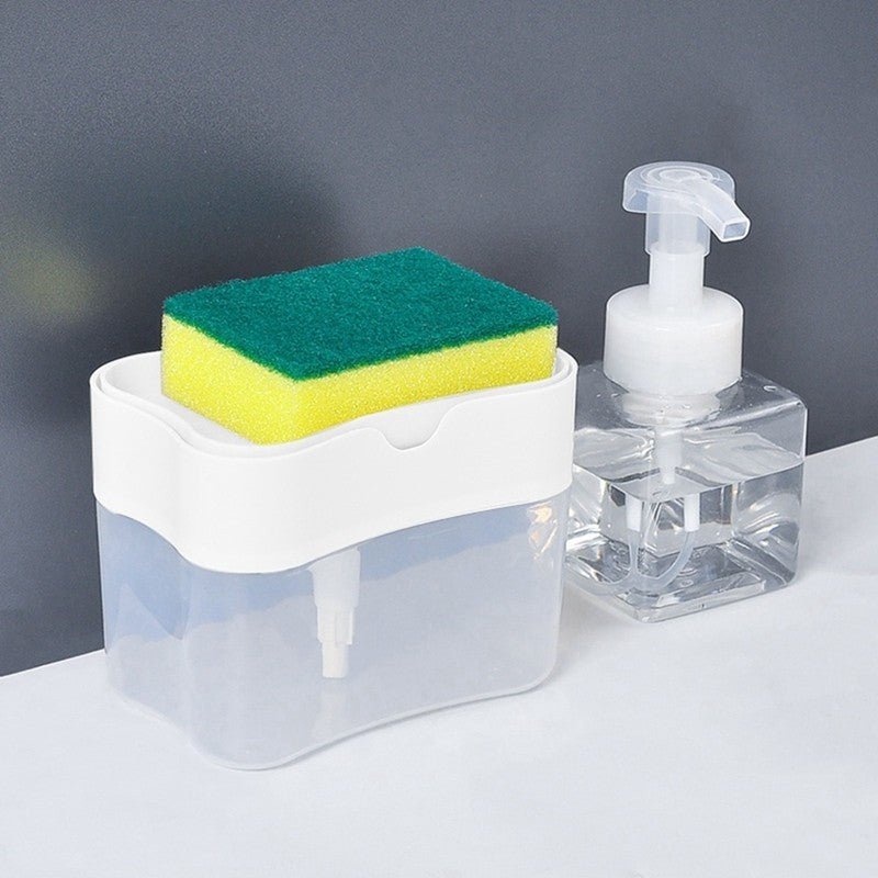 Dozator, dispenser 2 in 1 pentru detergent lichid de vase, capacitate 380ml, burete de vase inclus, 14x10.5x10cm, Alb - Diversico