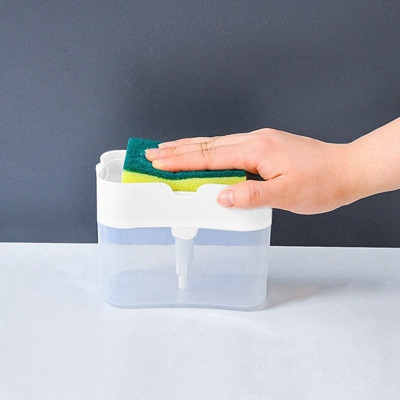 Dozator, dispenser 2 in 1 pentru detergent lichid de vase, capacitate 380ml, burete de vase inclus, 14x10.5x10cm, Alb - Diversico