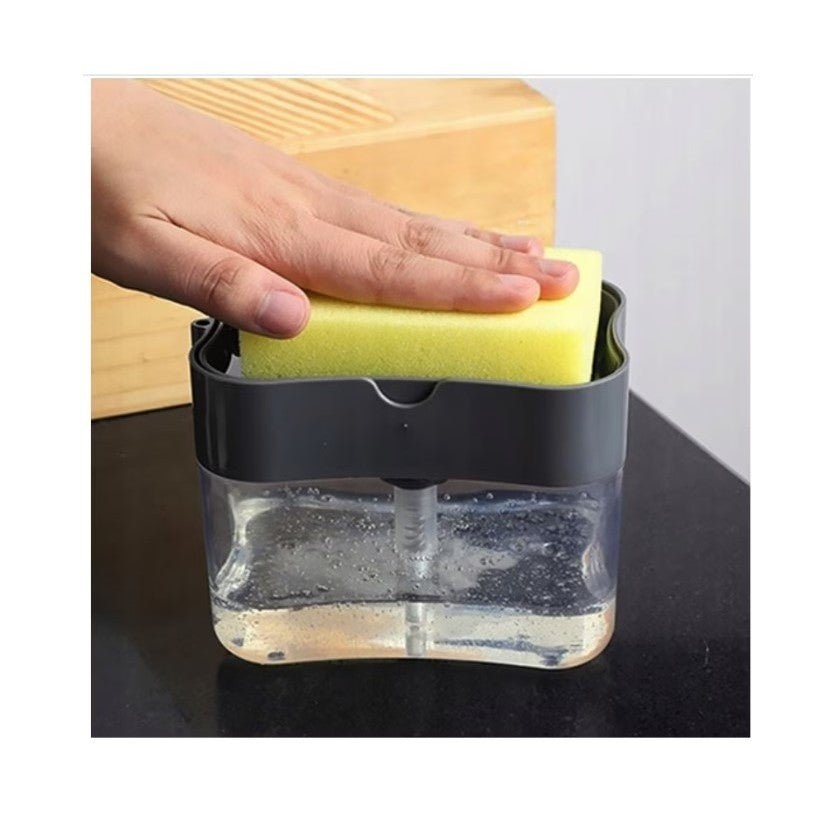 Dozator, dispenser 2 in 1 pentru detergent lichid de vase, capacitate 380ml, burete de vase inclus, 14x10.5x10cm, Negru - Diversico