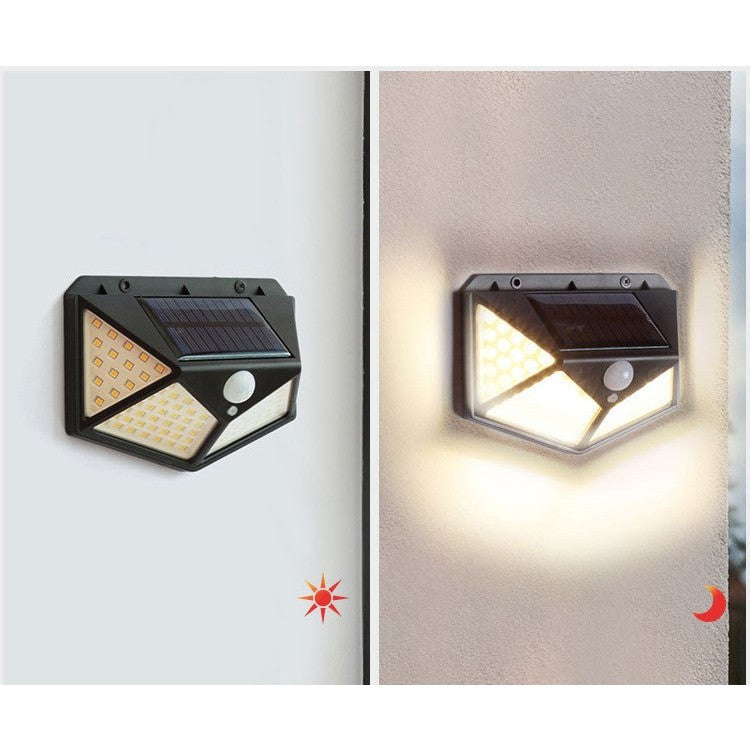 Lampa cu incarcare solara pentru exterior, 100 LED cu distanta de inductie, montaj pe perete, fara cabluri, cu 4 fete