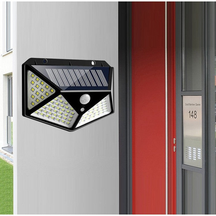 Lampa cu incarcare solara pentru exterior, 100 LED cu distanta de inductie, montaj pe perete, fara cabluri, cu 4 fete