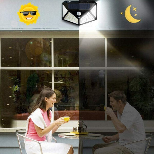 Lampa cu incarcare solara pentru exterior, 100 LED cu distanta de inductie, montaj pe perete, fara cabluri, cu 4 fete