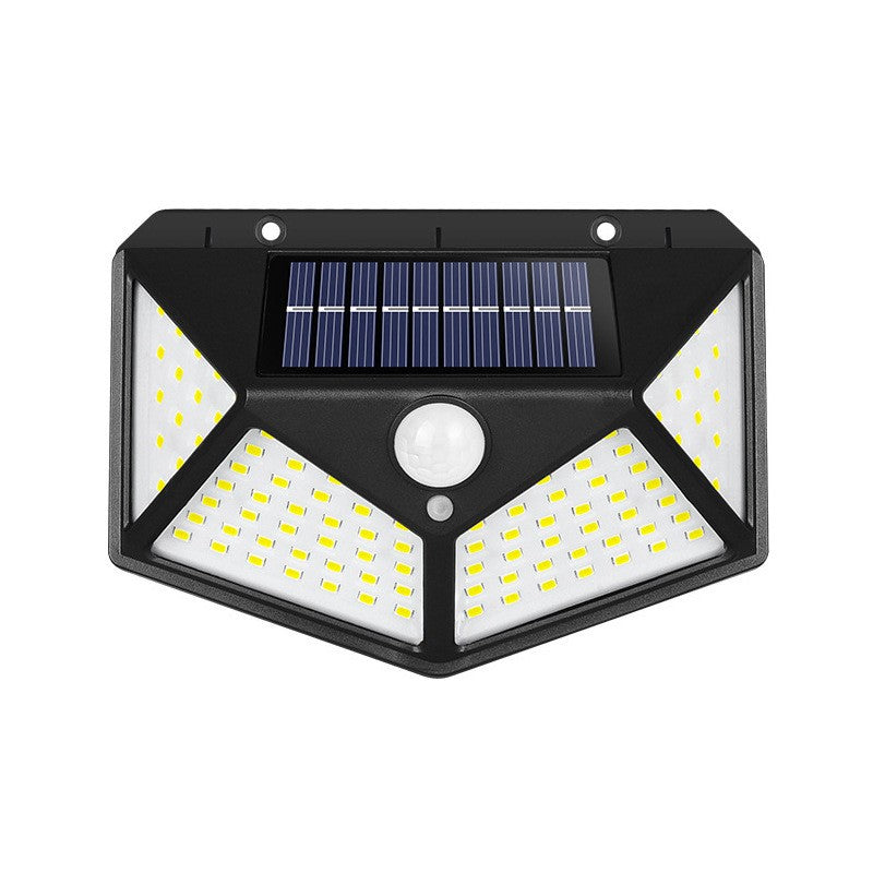 Lampa cu incarcare solara pentru exterior, 100 LED cu distanta de inductie, montaj pe perete, fara cabluri, cu 4 fete