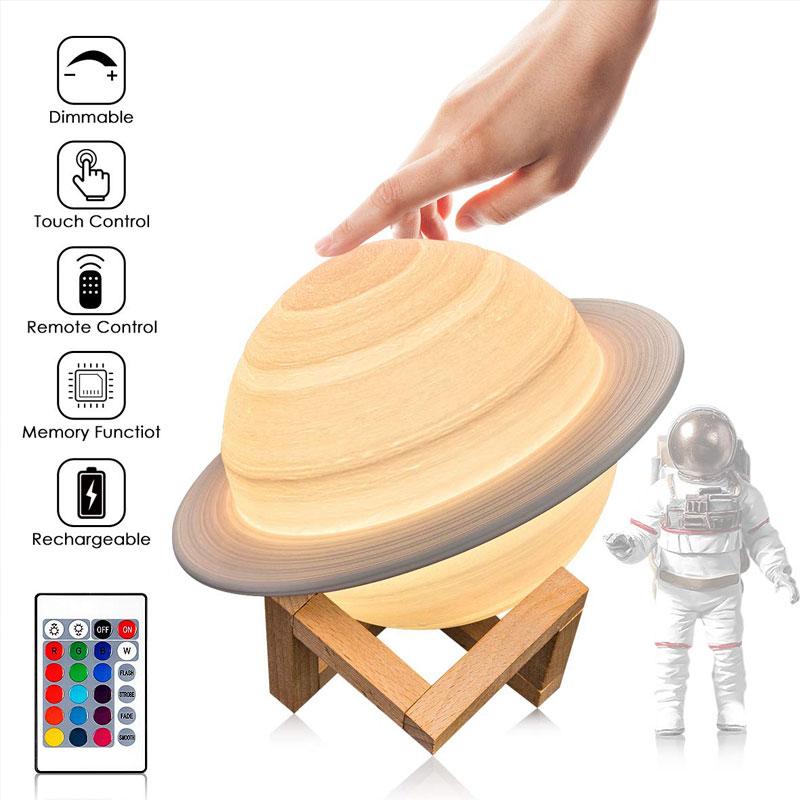 Lampa de veghe Saturn cu telecomanda, 16 culori, senzor atingere, alimentare USB, 15cm - Diversico