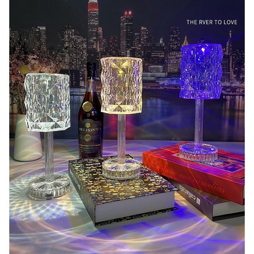 Lampa decorativa in forma de veioza, LED RGB, Senzor tactil, 3 nivele de intensitate, incarcare USB, Cristal acrilic, cu Telecomanda, 28x13cm - Diversico