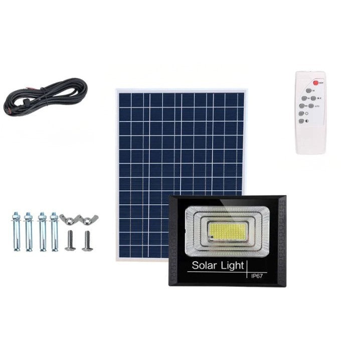 Proiector LED/Lampa solara de exterior, Rezistent la Apa, cu Panou Solar, cu Telecomanda, 2 moduri de iluminat, kit montaj inclus, Alb Rece, 30W