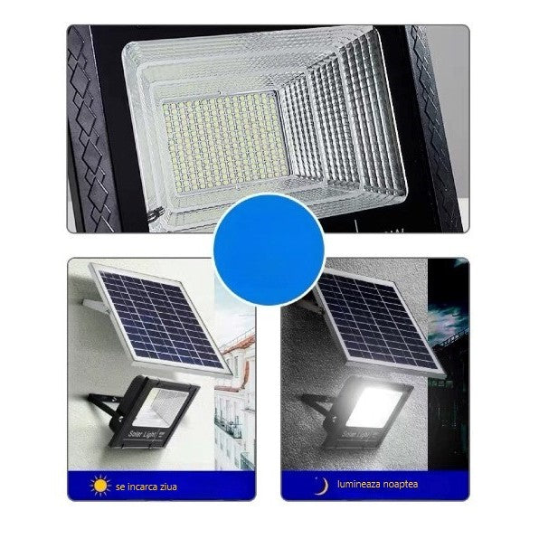 Proiector LED/Lampa solara de exterior, Rezistent la Apa, cu Panou Solar, cu Telecomanda, 2 moduri de iluminat, kit montaj inclus, Alb Rece, 30W