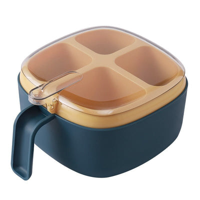 Recipient pentru condimente cu capac, 4 compartimente, 4 lingurite, 14x14x8cm, Albastru - Diversico