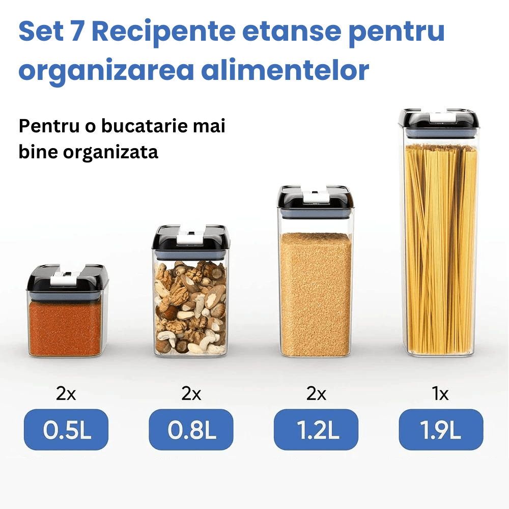 Set 7 Recipiente etanse pentru organizarea alimentelor, 4 Dimensiuni diferite, Transparent - Diversico