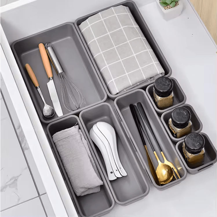 Set 8 cutii de organizare pentru sertare, diferite dimensiuni, gri - Diversico