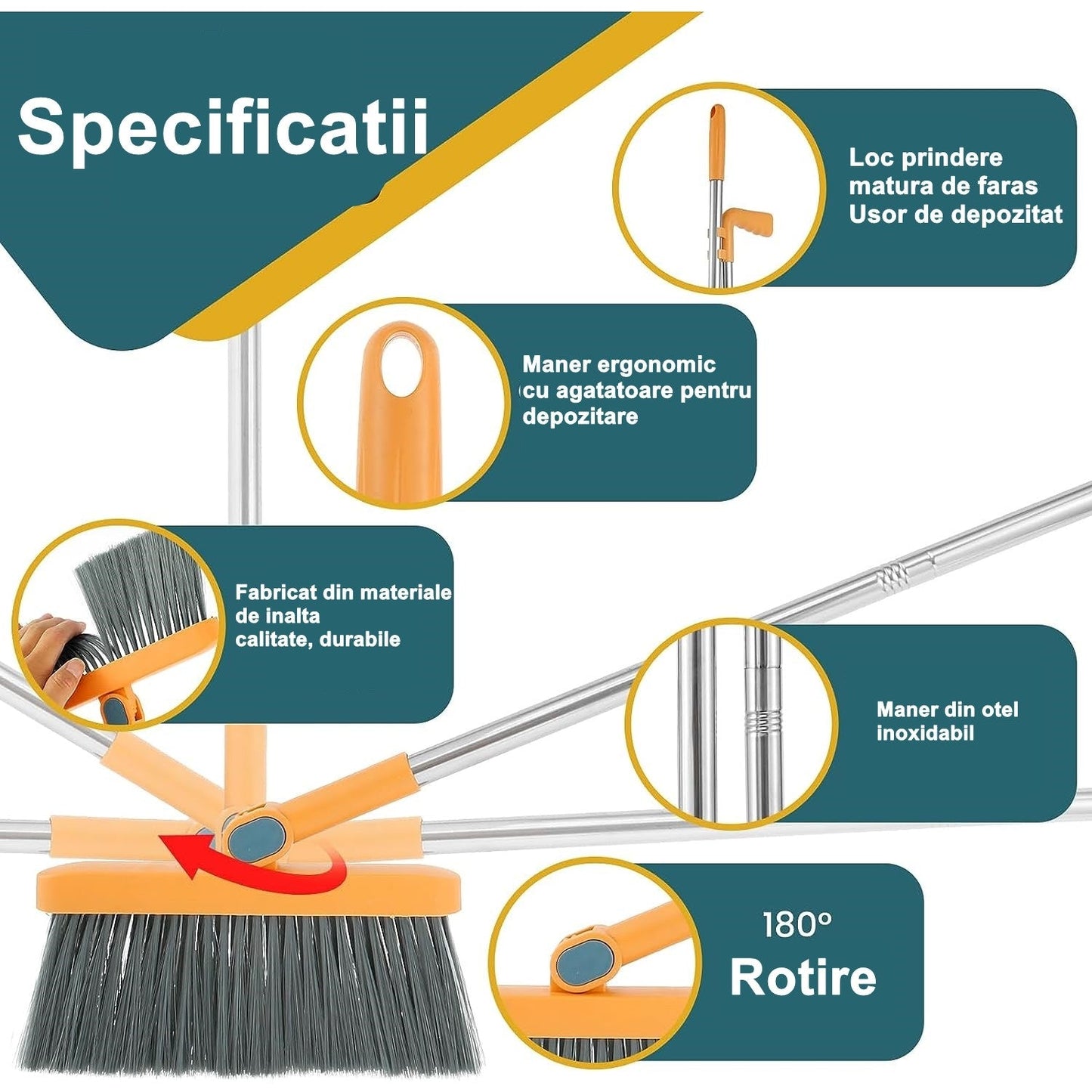 Set Matura si Faras cu coada, dinti de pieptene pentru curatare matura, rotativ, pliabil, otel inoxidabil, Portocaliu - Diversico