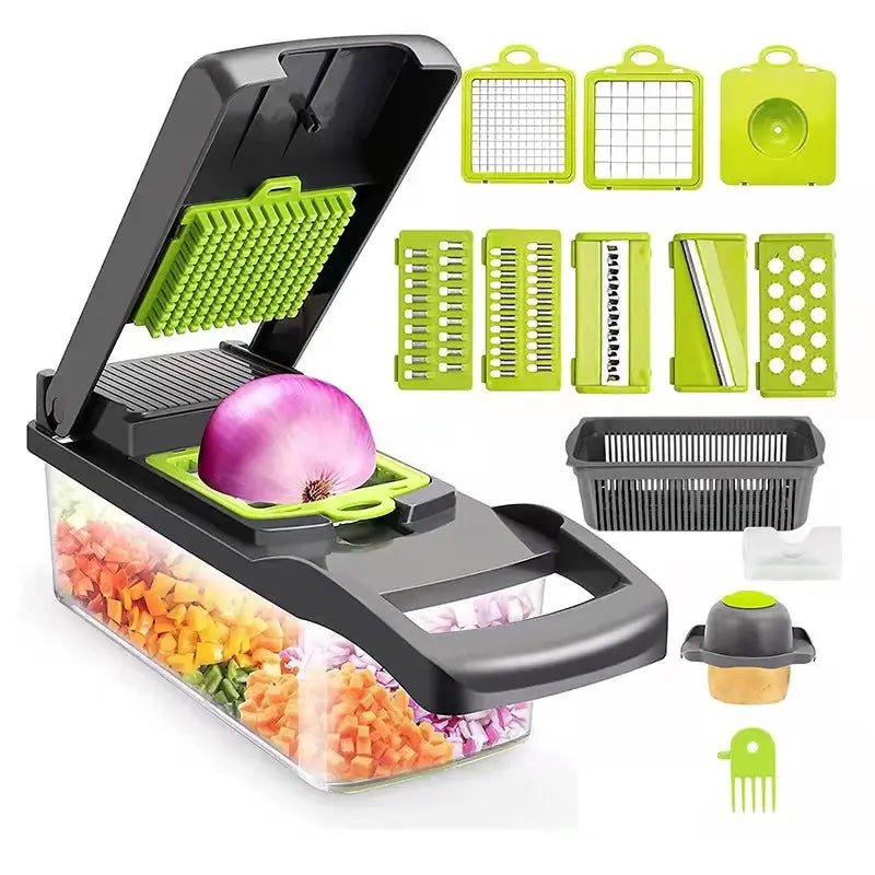 Tocator legume, fructe, 12 accesorii, 8 lame de taiat in diferite forme, functie de razatoare - Diversico