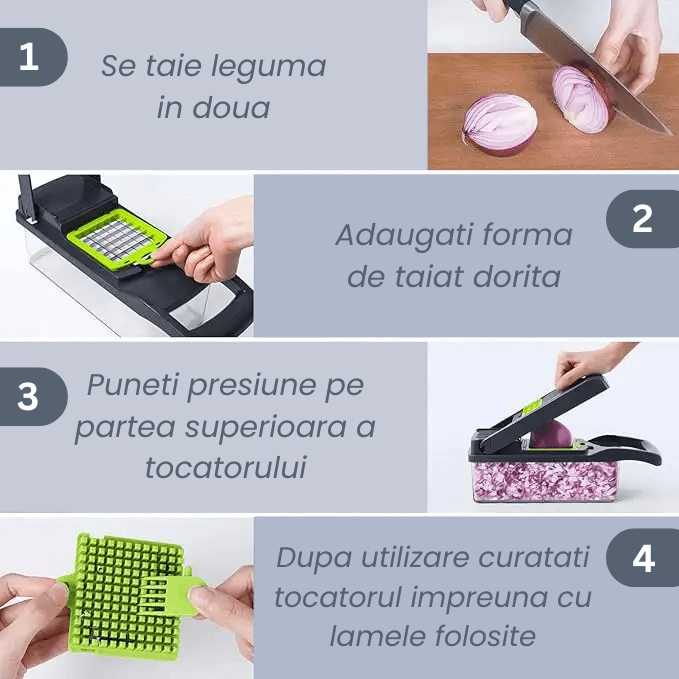 Tocator legume, fructe, 12 accesorii, 8 lame de taiat in diferite forme, functie de razatoare - Diversico