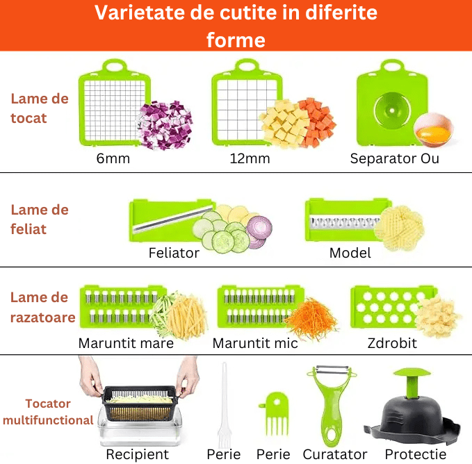 Tocator legume, fructe, 12 accesorii, 8 lame de taiat in diferite forme, functie de razatoare - Diversico