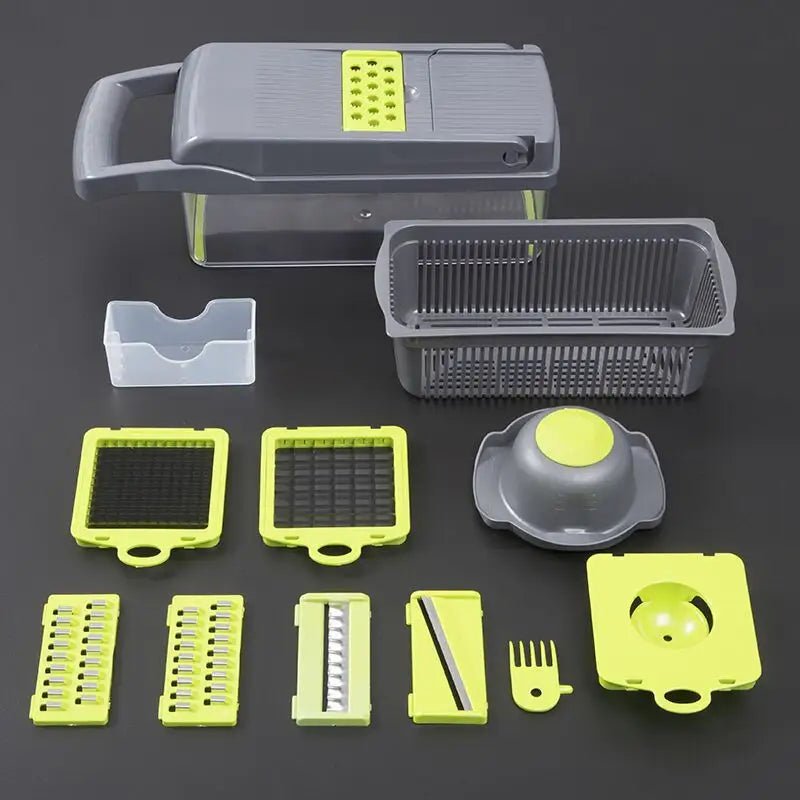 Tocator legume, fructe, 12 accesorii, 8 lame de taiat in diferite forme, functie de razatoare - Diversico