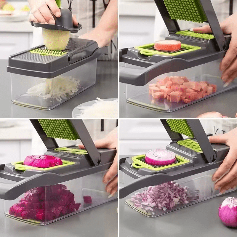 Tocator legume, fructe, 12 accesorii, 8 lame de taiat in diferite forme, functie de razatoare - Diversico