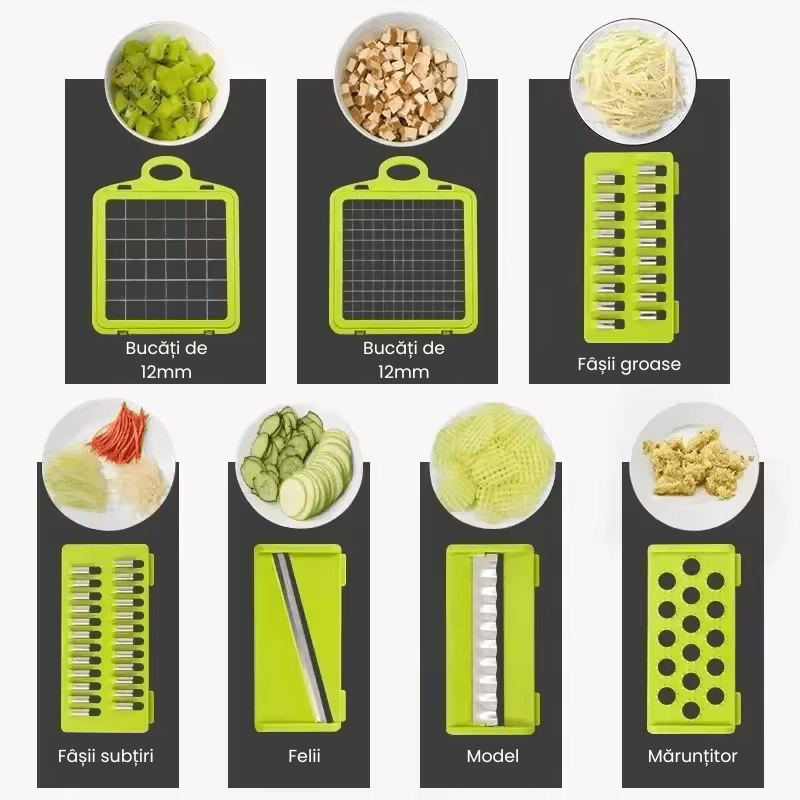 Tocator legume, fructe, 12 accesorii, 8 lame de taiat in diferite forme, functie de razatoare - Diversico