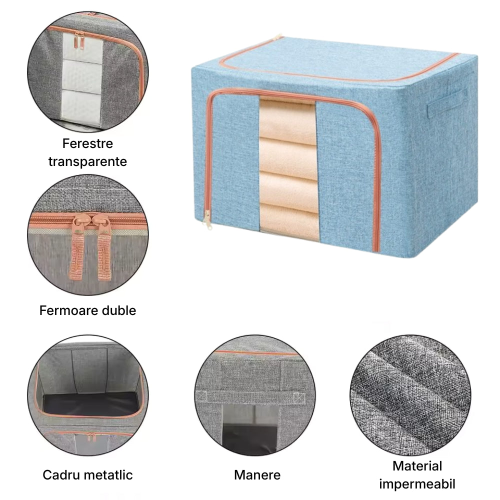 Cutie pliabila pentru depozitare cu cadru metalic, ferestre si manere
