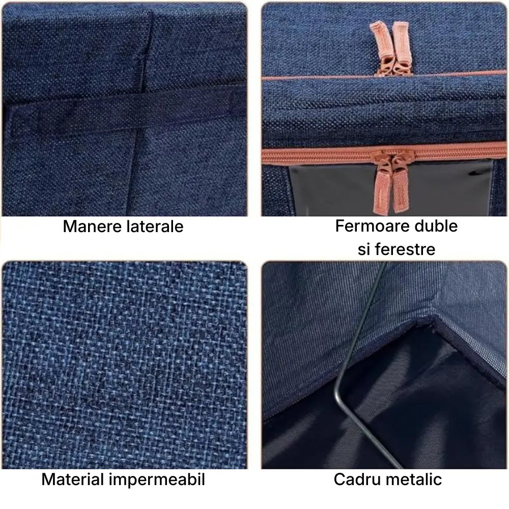 Cutie pliabila pentru depozitare cu cadru metalic, ferestre si manere