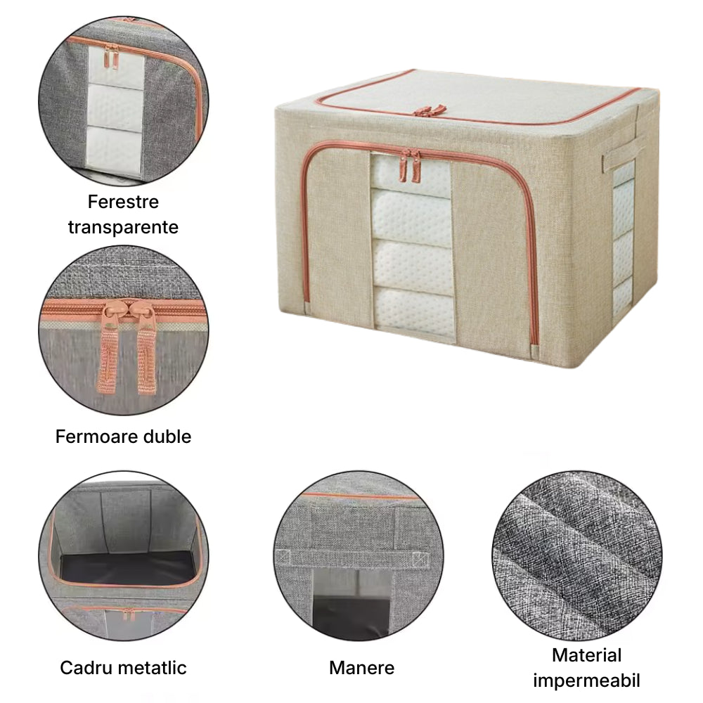 Cutie pliabila pentru depozitare cu cadru metalic, ferestre si manere