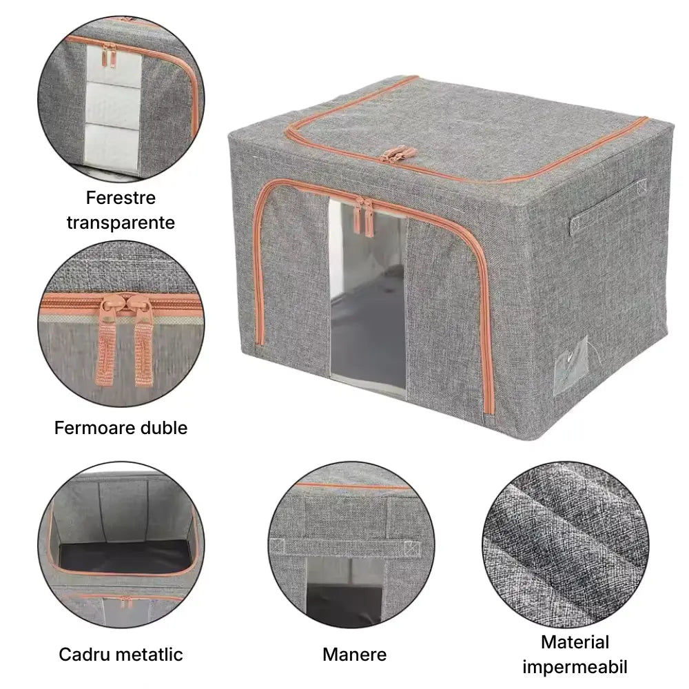 Cutie pliabila pentru depozitare cu cadru metalic, ferestre si manere