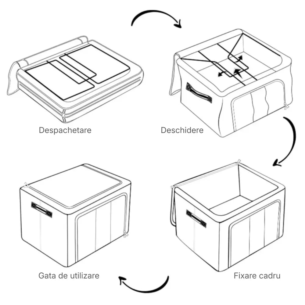 Cutie pliabila pentru depozitare cu cadru metalic, ferestre si manere