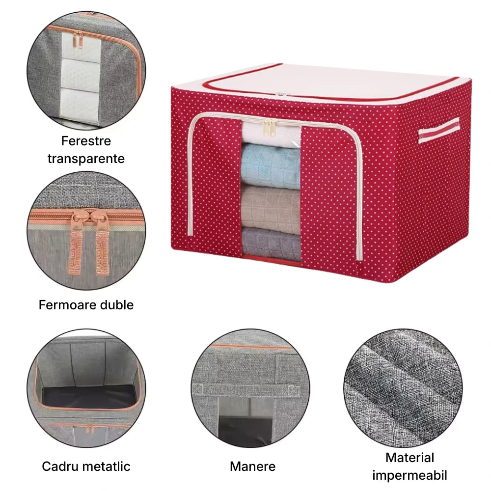 Cutie pliabila pentru depozitare cu cadru metalic, ferestre si manere