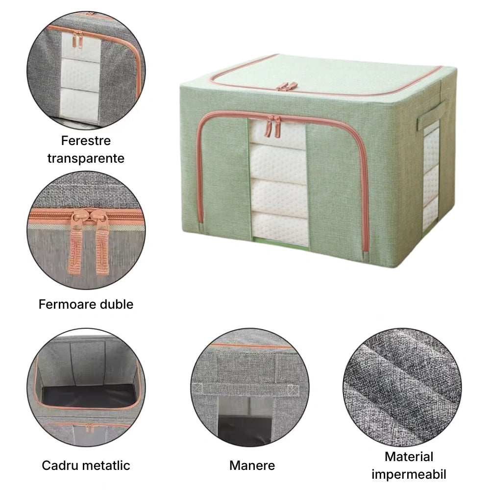 Cutie pliabila pentru depozitare cu cadru metalic, ferestre si manere