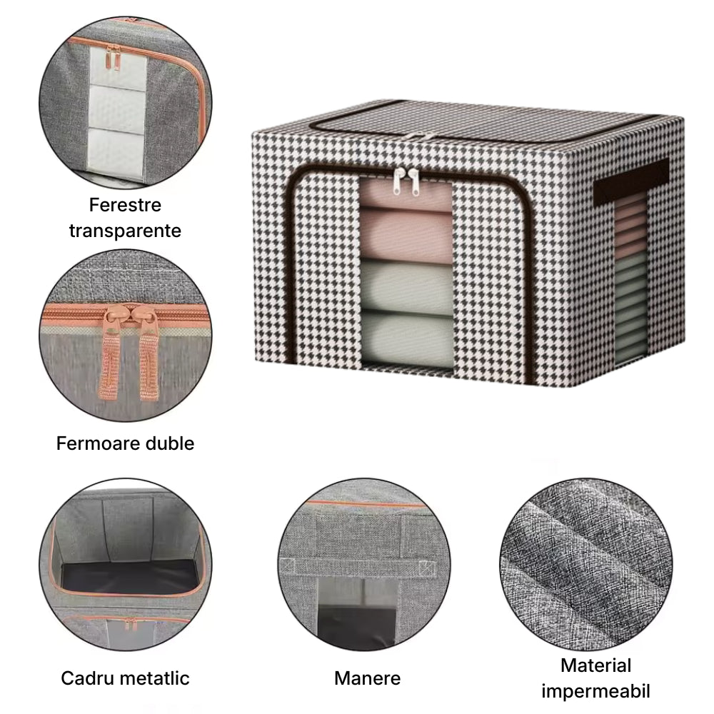 Cutie pliabila pentru depozitare cu cadru metalic, ferestre si manere