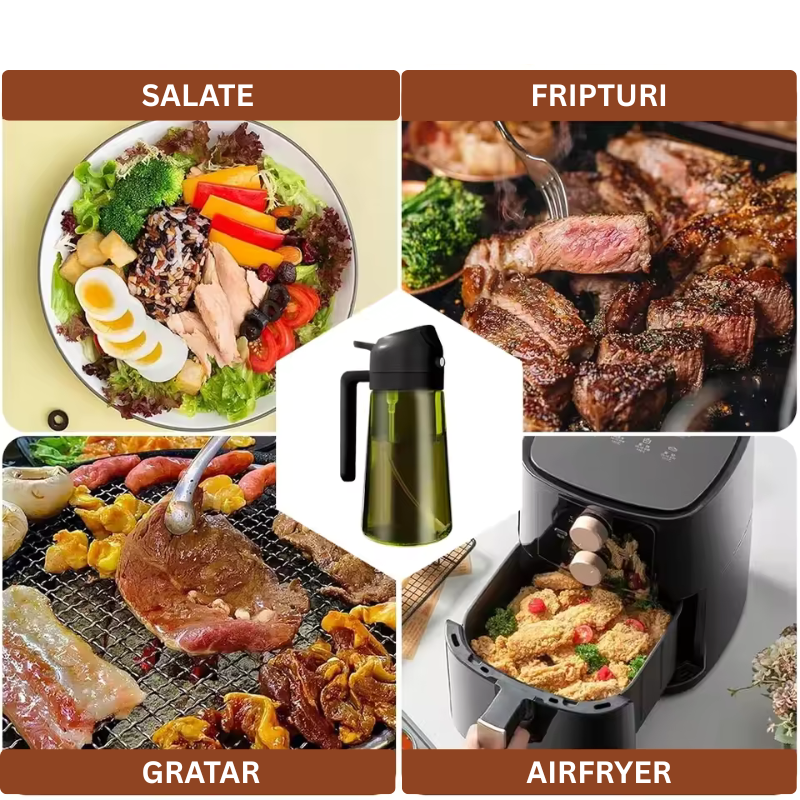 Set 2 Recipiente 2 in 1 pentru Ulei, Functie Spray & Turnare, din Sticla, Fara Scurgere, 470ml/recipient