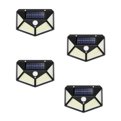 Set 4 Lampi cu incarcare solara, cu 4 fete, 100 LED, Kit Montaj perete inclus, 1000 lm, Alb rece